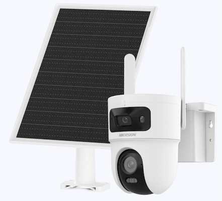 Kit Solar IP All in One Doble Lente / AOV / PT IP 4 Megapixel Lente 4 mm / Fijo 4 Megapixel Lente 2.8 mm / Panel Solar + Batería de Respaldo de Litio (9000 mAh) / Conexión 4G / Audio de Dos Vías / Dual Light / IP66 / Micro SD
